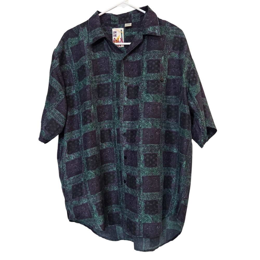 On The Brink Vintage 100% Silk Shirt Men's Large Purple Green Patchwork Print SS